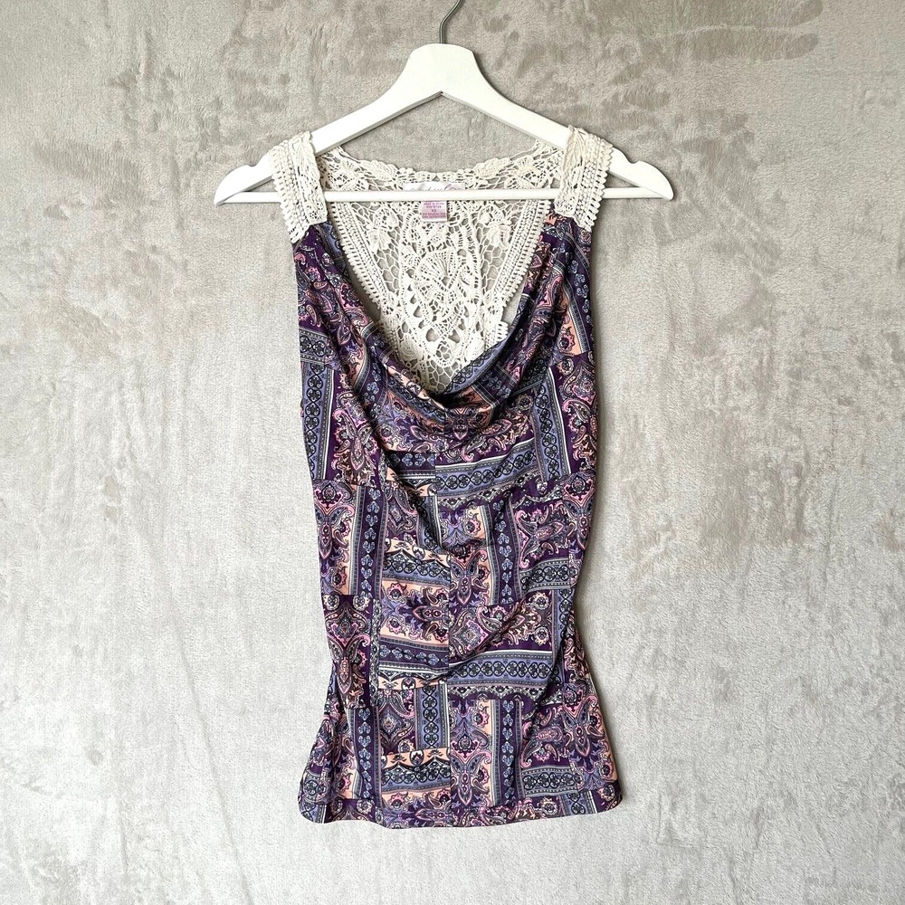 Wet Seal Vintage Y2K strappy cowl neck Knit Crochet Back Blouse Size XS Boho